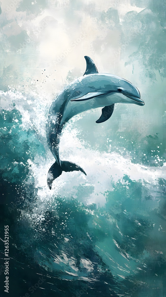 Fototapeta premium Dolphin Oil Painting Jumping in the Sea, Abstract Image, Texture, Pattern Background, Wallpaper, Cover and Screen for Smartphone, PC, Laptop, 9:16 and 16:9 Format