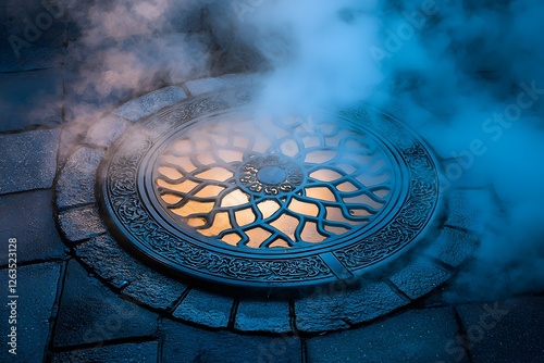 Mystical Manhole Cover: An ornate, circular manhole cover emits a soft, ethereal glow through its intricate, patterned design.  Steam or smoke curls upwards, adding to the mysterious ambiance.
