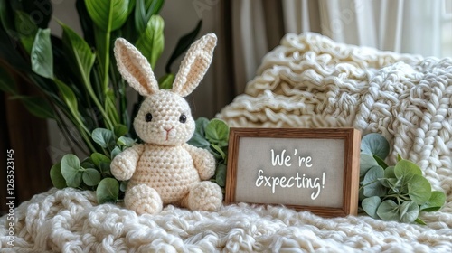 pregnancy announcement photo on a soft, cozy, cream colored blanket and a handmade crochet bunny