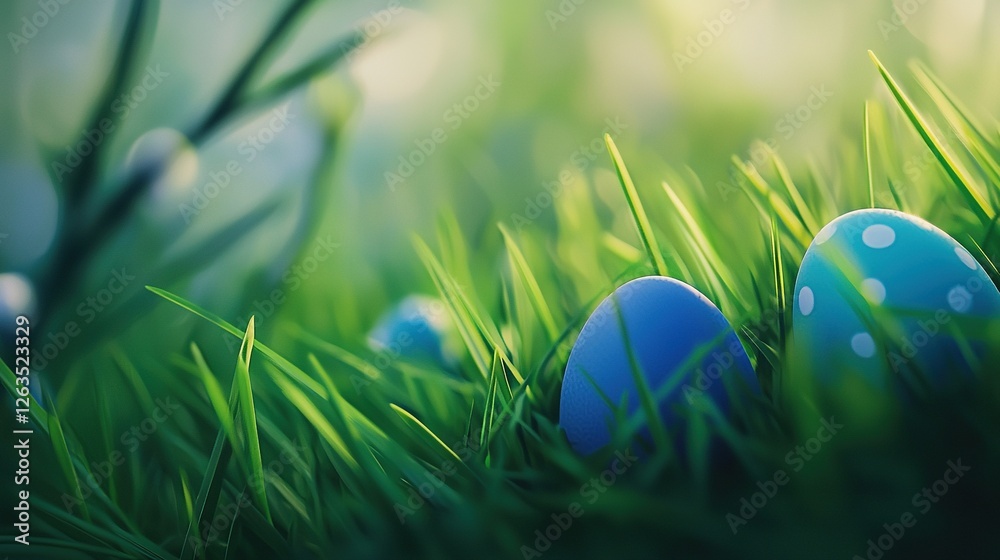 Fototapeta premium Two blue eggs rest side by side on a patch of green grass with white polka dots