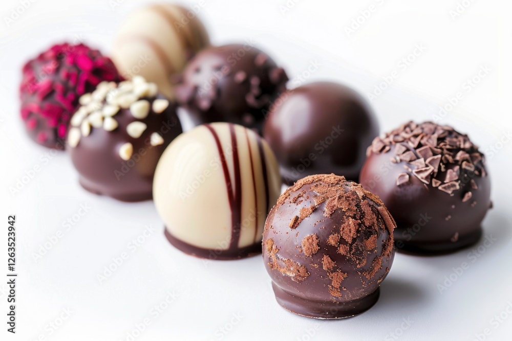 Collection of chocolate candies with decorative toppings on a white background, with full depth of field, focusing on the intricate details Collection of chocolate candies with decorative toppings on a white background, with full depth of field, focusing on the intricate details