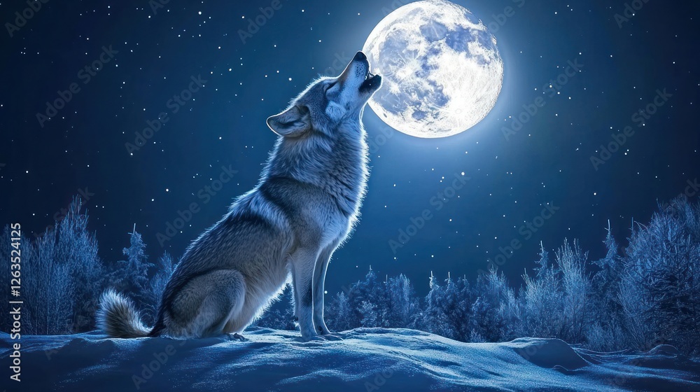 Lone wolf howling at a bright full moon in a snowy forest at night. Lone wolf howling at a bright full moon in a snowy forest at night.