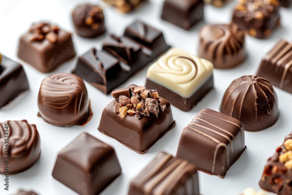 Collection of chocolate candies with decorative toppings on a white background, with full depth of field, focusing on the intricate details Collection of chocolate candies with decorative toppings on a white background, with full depth of field, focusing on the intricate details