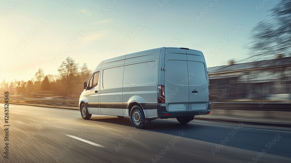 Modern Delivery Van on an Open Road at Sunset for Logistics Services Modern Delivery Van on an Open Road at Sunset for Logistics Services