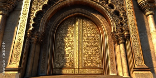 A stunning golden door featuring intricate, ornate carvings exudes elegance, its metallic frame showcasing delicate details against a rich backdrop. Its unique blend of rectangle and curve captivates  photo