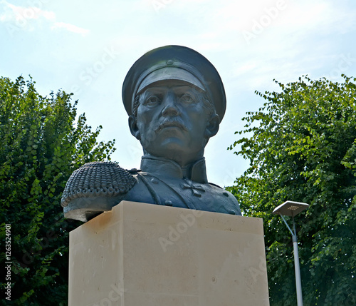 KALININGRAD REGION - AUGUST 13, 2023: Bust of Admiral Nakhimov P.S. City Svetly photo