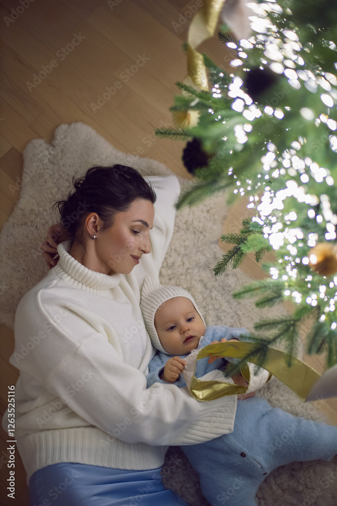 A mother in a white sweater lying with her daughter for 1 year on the floor by the Christmas tree in an apartment on New Year's Eve