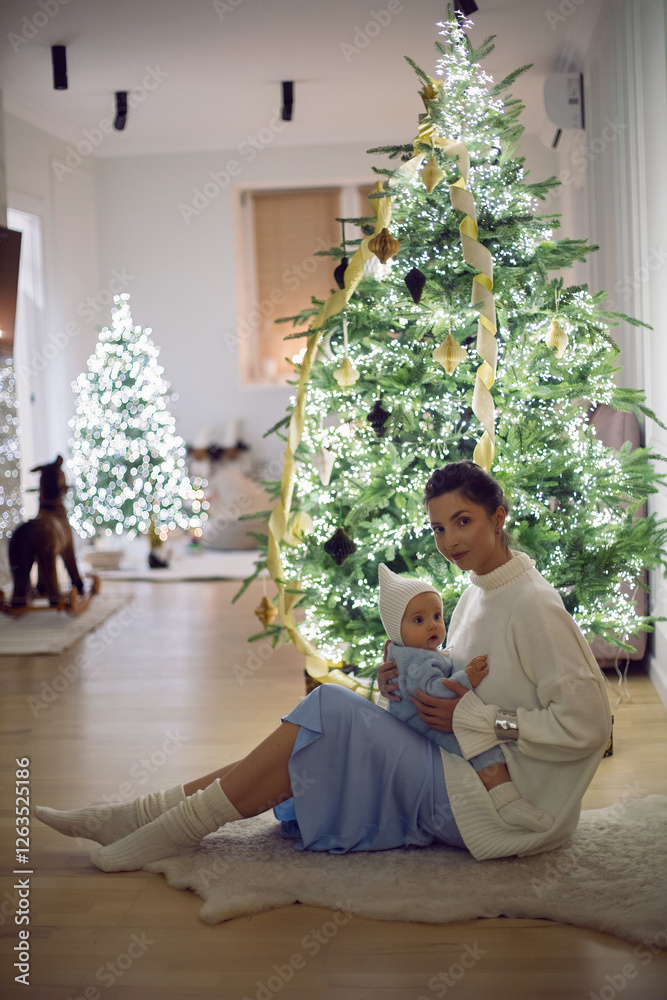 A mother in a white sweater sits with her daughter for 1 year on the floor by the Christmas tree in an apartment on New Year's Eve