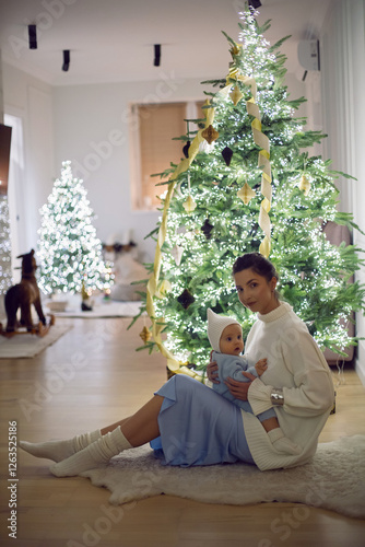 Obraz na płótnie A mother in a white sweater sits with her daughter for 1 year on the floor by the Christmas tree in an apartment on New Year's Eve w salonie