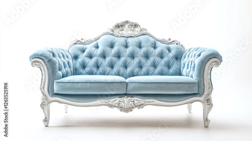 Front view of a light blue couch isolated on a white background.