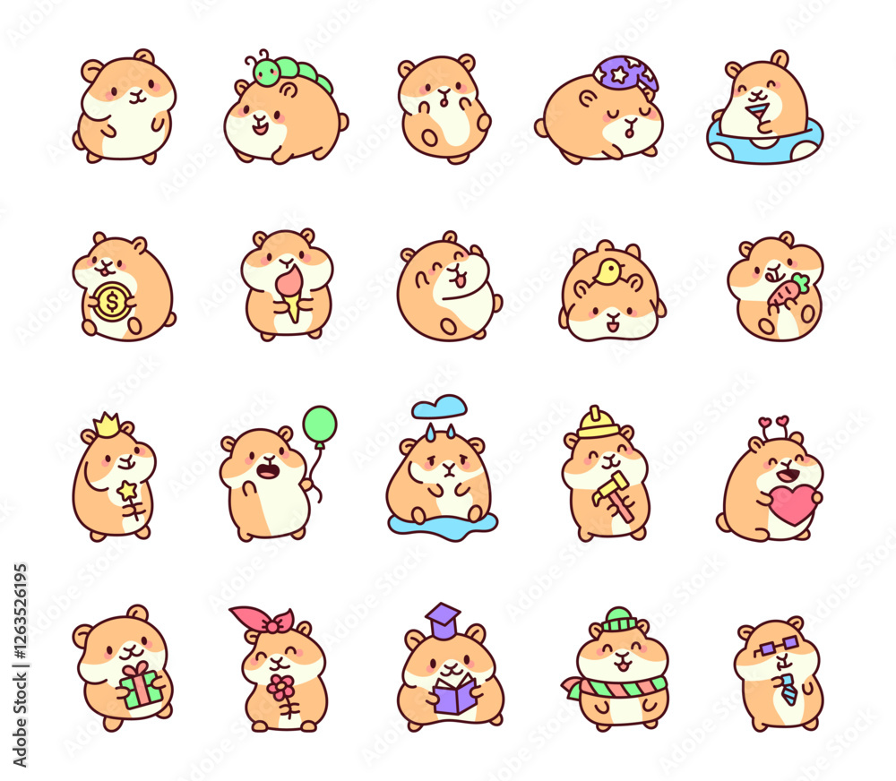 Fototapeta premium Adorable hamster pet animal set featuring cute kawaii cartoon characters with various emotions, accessories, and fun activities like eating, drinking, celebrating, and reading