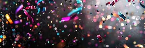 Colorful confetti and streamers floating in the air on a black background. The concept of a holiday, party, or special event. photo