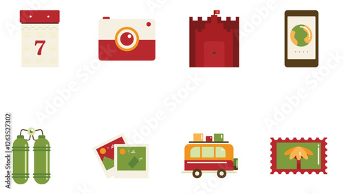 Travel and holiday flight planning recreation vector art set
