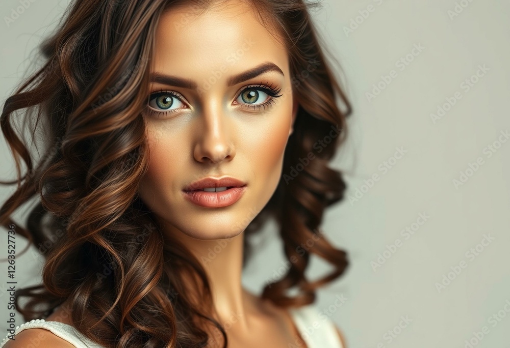 Fototapeta premium Glamorous woman with long curly hair and piercing green eyes