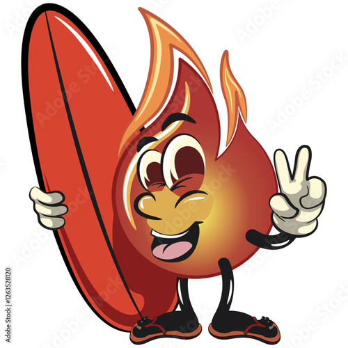 cute fire vektor illustration mascot character with surfboard and gave a peace sign, work of hand drawn photo
