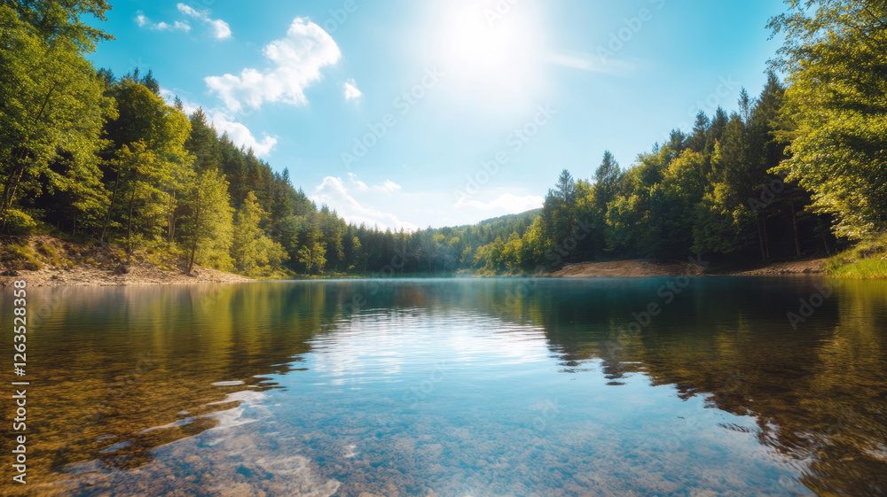 Breathtaking geothermal pool displaying vivid colors surrounded by lush forest in a tranquil natural setting during a bright sunny day Breathtaking geothermal pool displaying vivid colors surrounded by lush forest in a tranquil natural setting during a bright sunny day