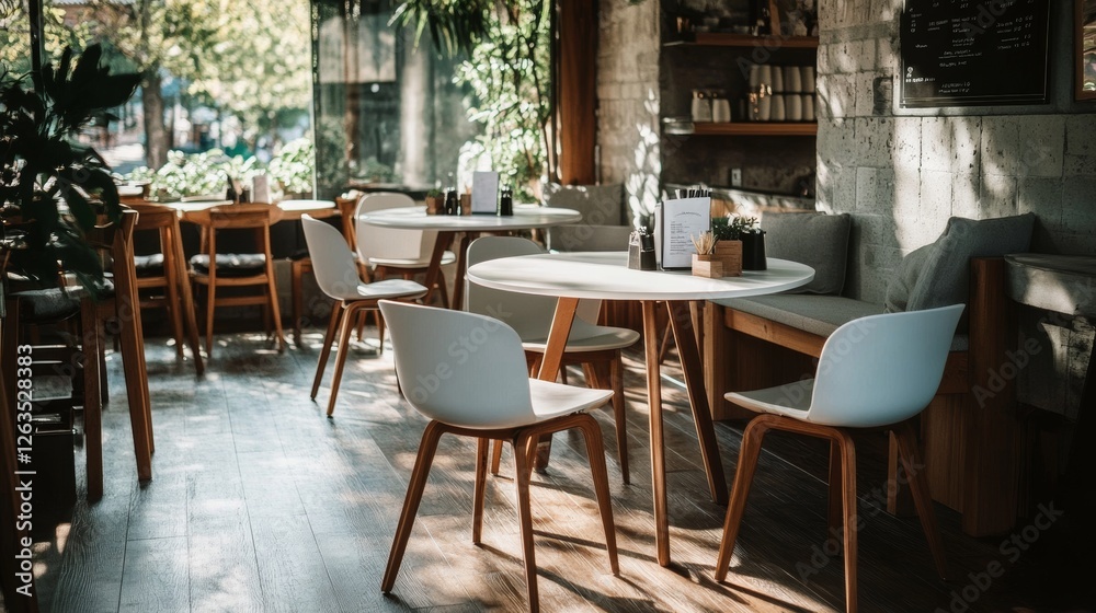 Obraz premium White cafe interior with a wooden floor, round white tables and gray and wooden chairs. 3d rendering mock up