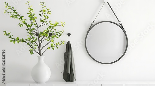 Abstract white background, hanging mirror, coat rack, tree in vase, modern entrance hall.
