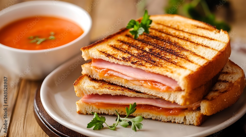 A classic grilled ham and cheese sandwich with a side of tomato soup A classic grilled ham and cheese sandwich with a side of tomato soup