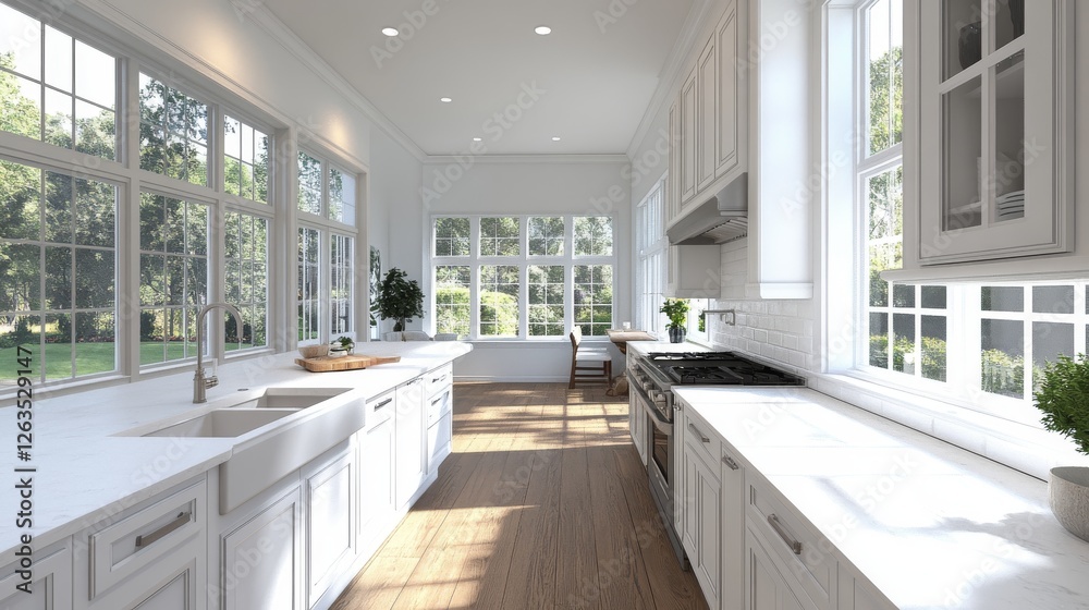 Fototapeta premium White kitchen corner with a wooden floor, large windows and white countertops and cupboards. A side view 3d rendering mock up