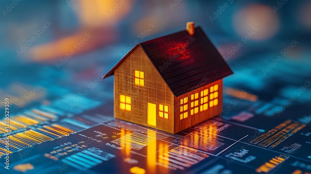 Illuminated house model sits atop financial data charts, representing real estate market analysis. Illuminated house model sits atop financial data charts, representing real estate market analysis.