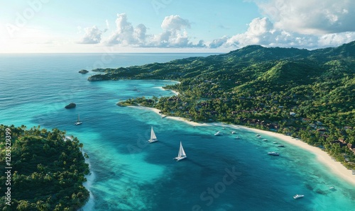 A sky-high perspective of tropical islands, highlighting boats, turquoise water, and white sand beaches.