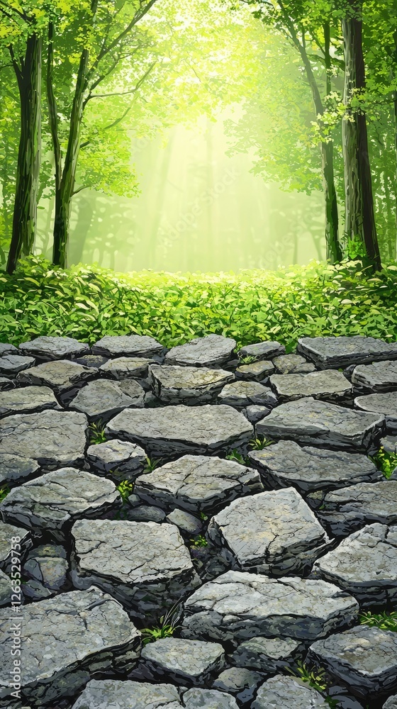 Fototapeta premium Stone path through sunlit forest; nature background