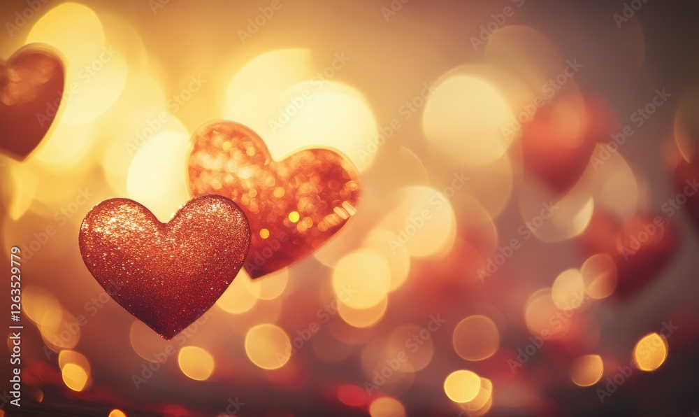Hearts shimmering softly, bathed in warm light and bokeh, perfect for a Valentine's Day theme. Hearts shimmering softly, bathed in warm light and bokeh, perfect for a Valentine's Day theme.
