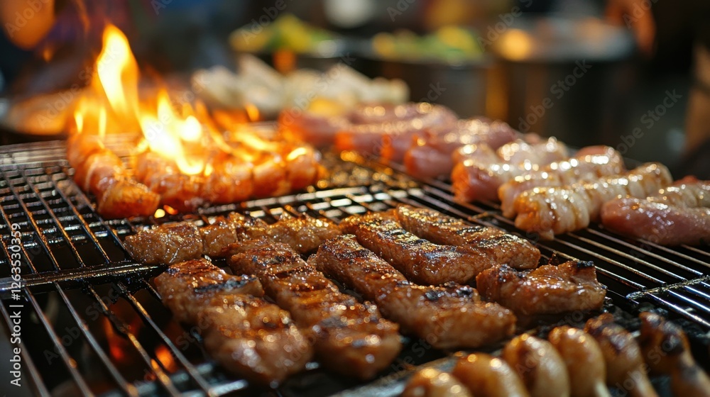 barbecue meat grill in family camping party at night barbecue meat grill in family camping party at night