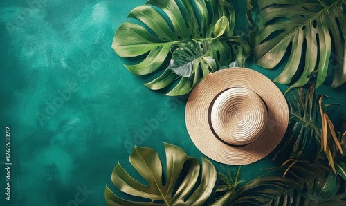 Capture the essence of tropical summer with a hat and monstera leaves on an emerald-hued background. photo