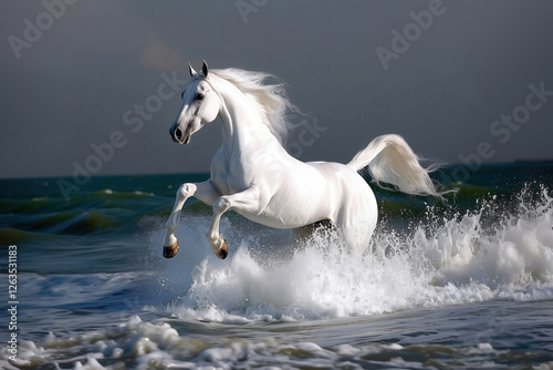 White Stallion horse leaping Ocean Waves, freedom and enjoyment. Coastal branding, posters, educational learning. Wild mustang horses.