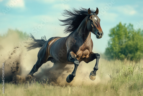Brown black stallion running through a dusty rural landscape. A majestic lone wild mustang horse, depicting freedom and power.
