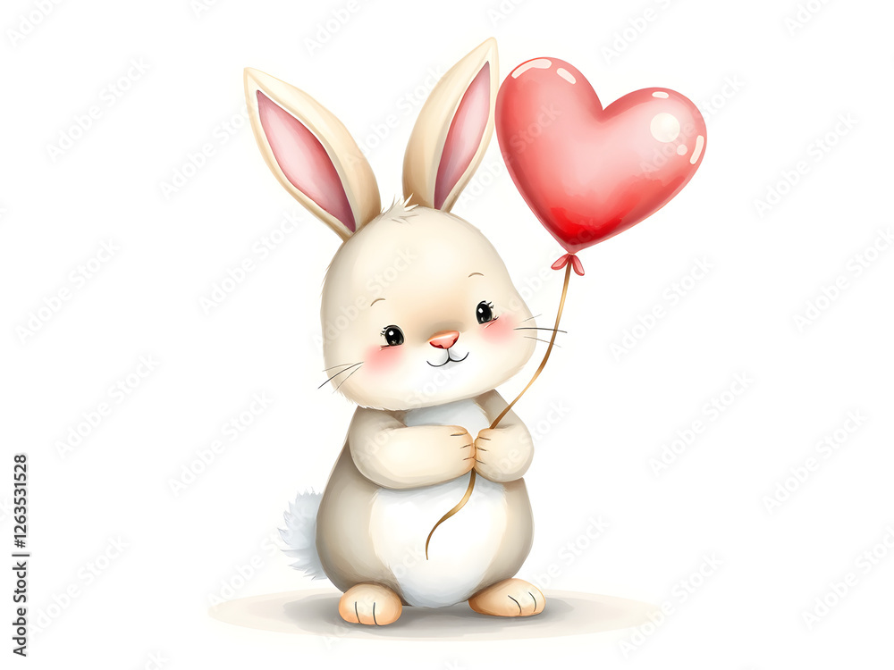 Obraz premium Cute fluffy bunny holding a heart-shaped balloon, soft pastel colors, watercolor illustration