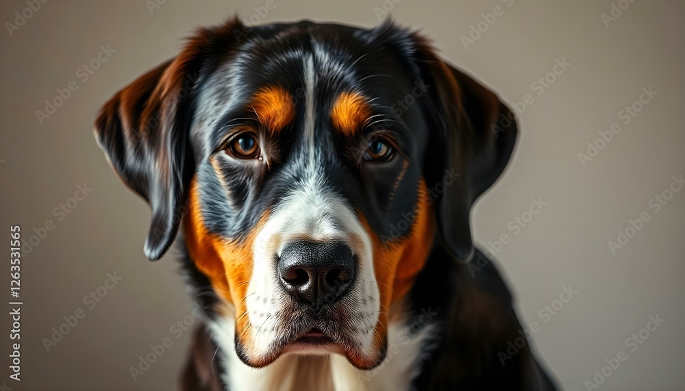 Greater Swiss Mountain Dog with Dark Eyes and Tricolor Coat Greater Swiss Mountain Dog with Dark Eyes and Tricolor Coat