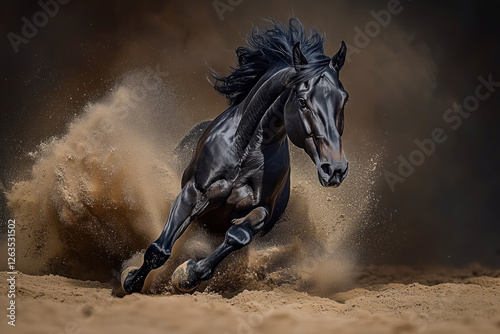 Black Stallion Horse, displaying power and freedom, kicking up desert dust. Coastal branding, posters, educational learning. Wild mustang horses.