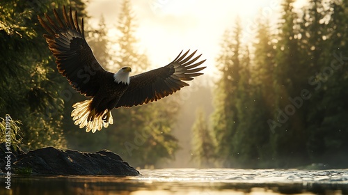 Twilight s glow reflects off the eagles strong outstretched wings image photo