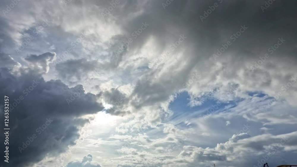 Timelapse of sunlight covered by dark clouds in the blue sky.Dramatic clouds during the day.Climate and weather concept.Footage 4K