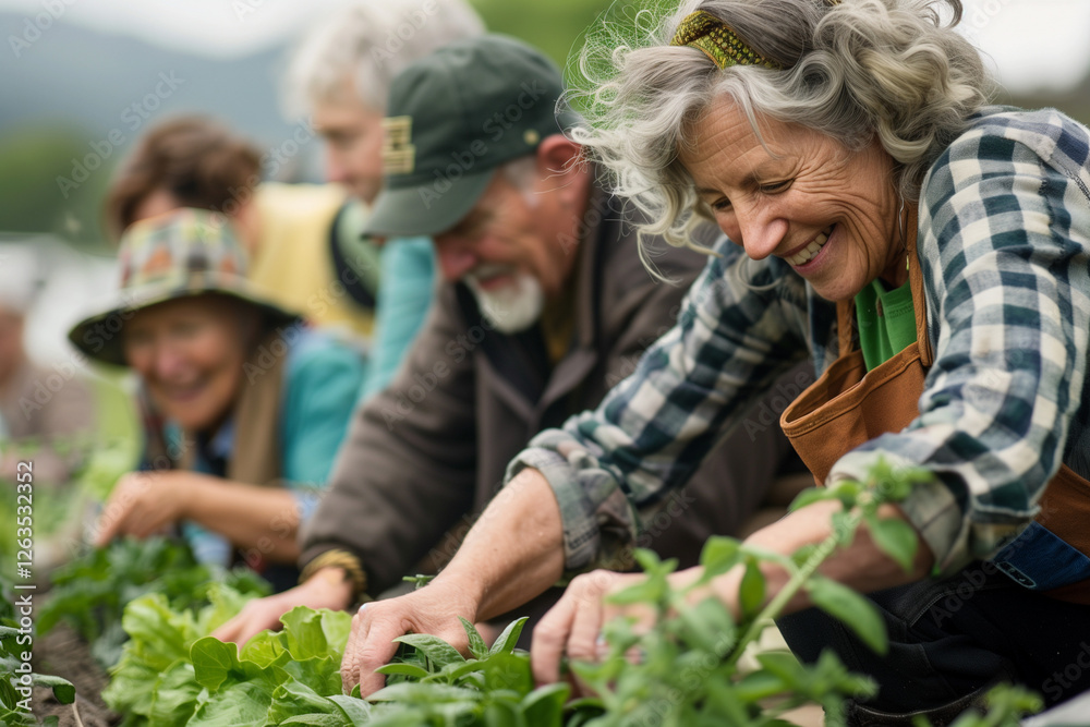 A group of cheerful senior adults working together in a community garden, harvesting fresh vegetables. The image conveys teamwork, sustainability, healthy lifestyle, and intergenerational connection. A group of cheerful senior adults working together in a community garden, harvesting fresh vegetables. The image conveys teamwork, sustainability, healthy lifestyle, and intergenerational connection.