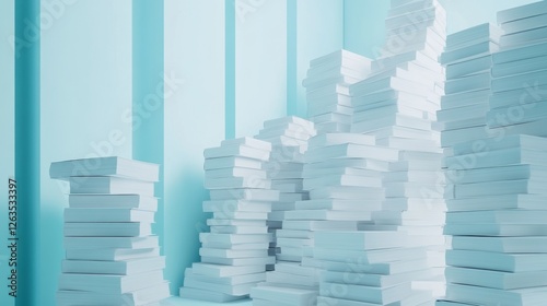 Paper documents in white cabinet, light blue background. Heap of files in row, concept of database and storage. 3D rendering