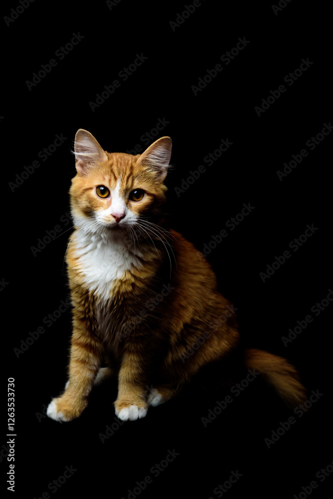 Obraz premium Majestic Ginger Cat Looking at Camera Posing Against a Black Studio Background. 