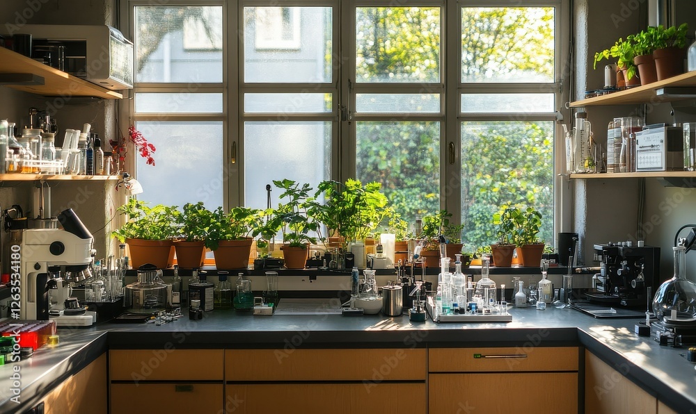 A well-outfitted laboratory containing an array of plants and scientific apparatus on the countertops and shelves. A well-outfitted laboratory containing an array of plants and scientific apparatus on the countertops and shelves.