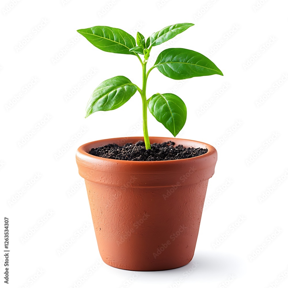 Young green plant seedling in a terracotta pot, isolated on white background. Young green plant seedling in a terracotta pot, isolated on white background.