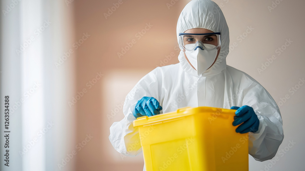 Virologist in protective gear inspecting sealed biohazard container in a modern laboratory setting with a clean, minimal design Virologist in protective gear inspecting sealed biohazard container in a modern laboratory setting with a clean, minimal design