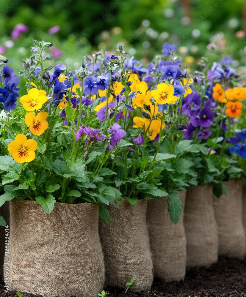 Multiple bags filled with colorful flowers are placed on the ground, creating a vibrant and natural display in a dirt setting. Multiple bags filled with colorful flowers are placed on the ground, creating a vibrant and natural display in a dirt setting.