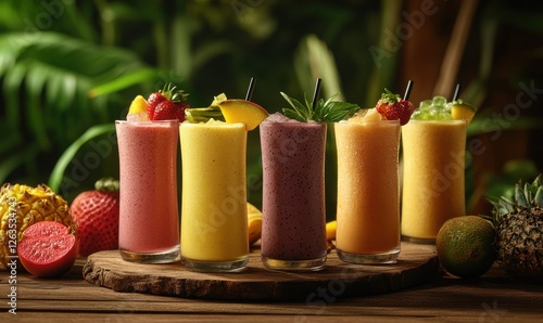 Wallpaper Mural Colorful assortment of refreshing fruit drinks displayed on a wooden table in a rustic setting with garnishes Torontodigital.ca
