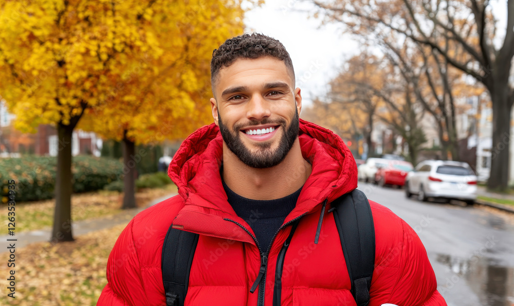 Young Man Smiling in Red Jacket Surrounded by Autumn Colors in Urban Neighborhood, Bright Trees and Street Scene with Vehicles in Background Young Man Smiling in Red Jacket Surrounded by Autumn Colors in Urban Neighborhood, Bright Trees and Street Scene with Vehicles in Background