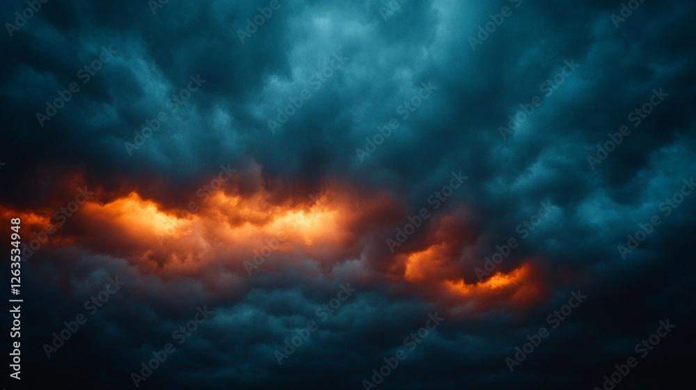 Dramatic stormy cloudscape, fiery sunset glow, ominous sky, weather background Dramatic stormy cloudscape, fiery sunset glow, ominous sky, weather background