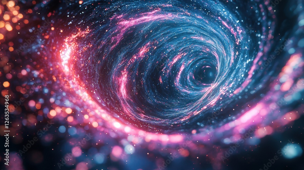 Obraz premium A mesmerizing cosmic vortex spirals into the depths of space, featuring vibrant hues of blue, pink, and orange. Glowing particles dance around the swirling galaxy in an infinite expanse
