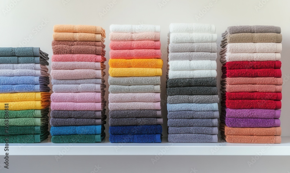 Colorful stacked towels arranged in a neat display on a white background for decorative purposes Colorful stacked towels arranged in a neat display on a white background for decorative purposes