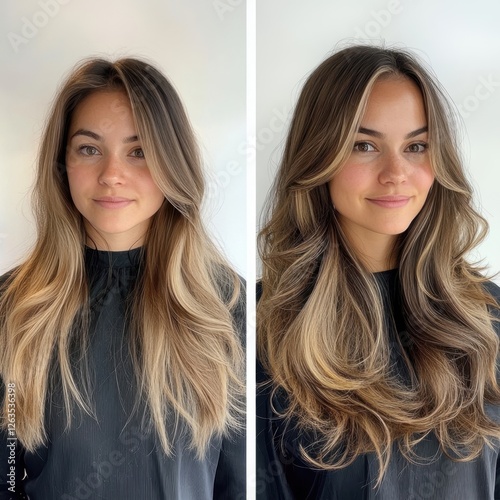 Styling transformation showcasing a woman's hair before and after a professional blowout in a bright salon environment